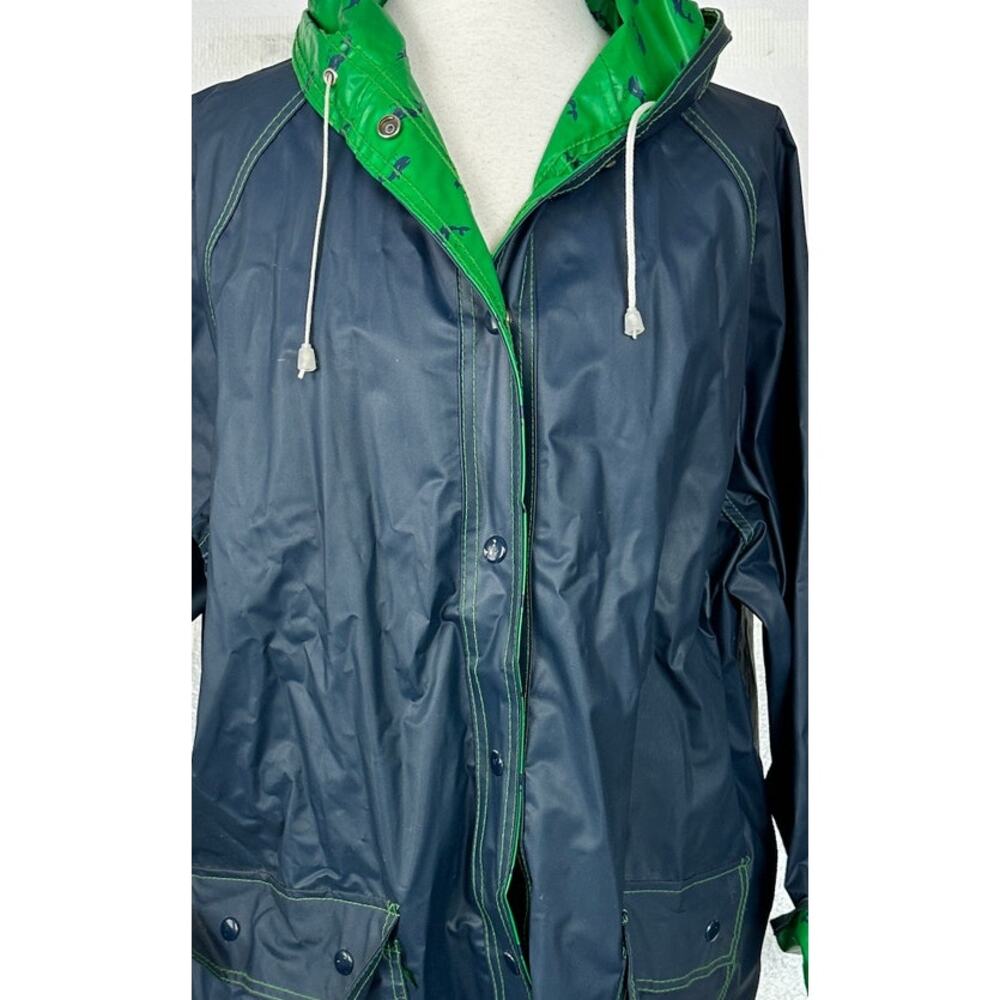 Vintage 1980s M Navy Blue Green Whales Reversible Hooded Raincoat AqueSheen - Picture 7 of 16